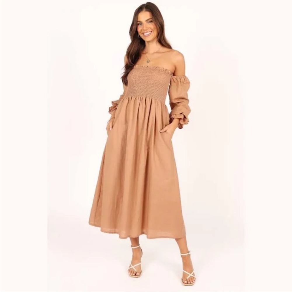 Petal & Pup Domenica Shirred Long Sleeve Dress in Natural